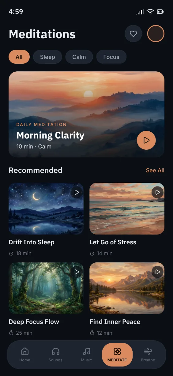 Экран с подборкой медитаций в приложении My Relax